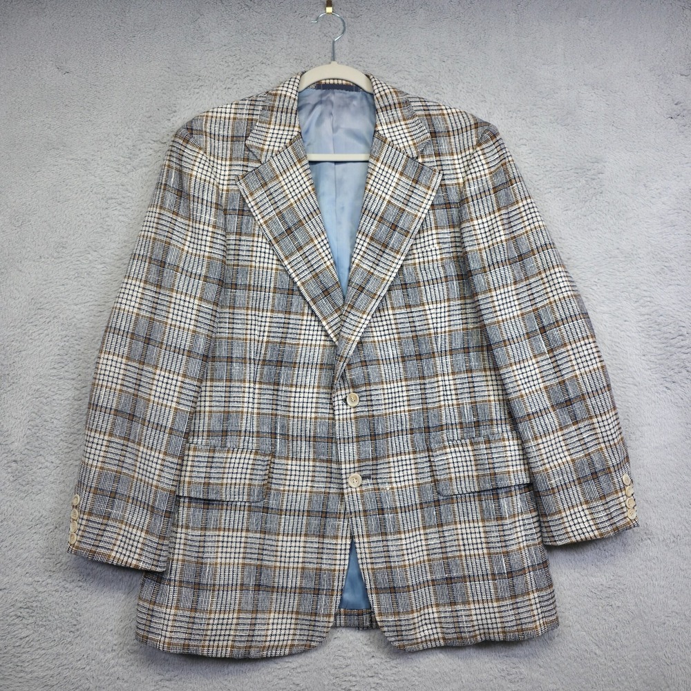 Nordstrom Blazer Men 42R Beige Blue Wool Tartan Plaid Classic Suit Jacket Preppy